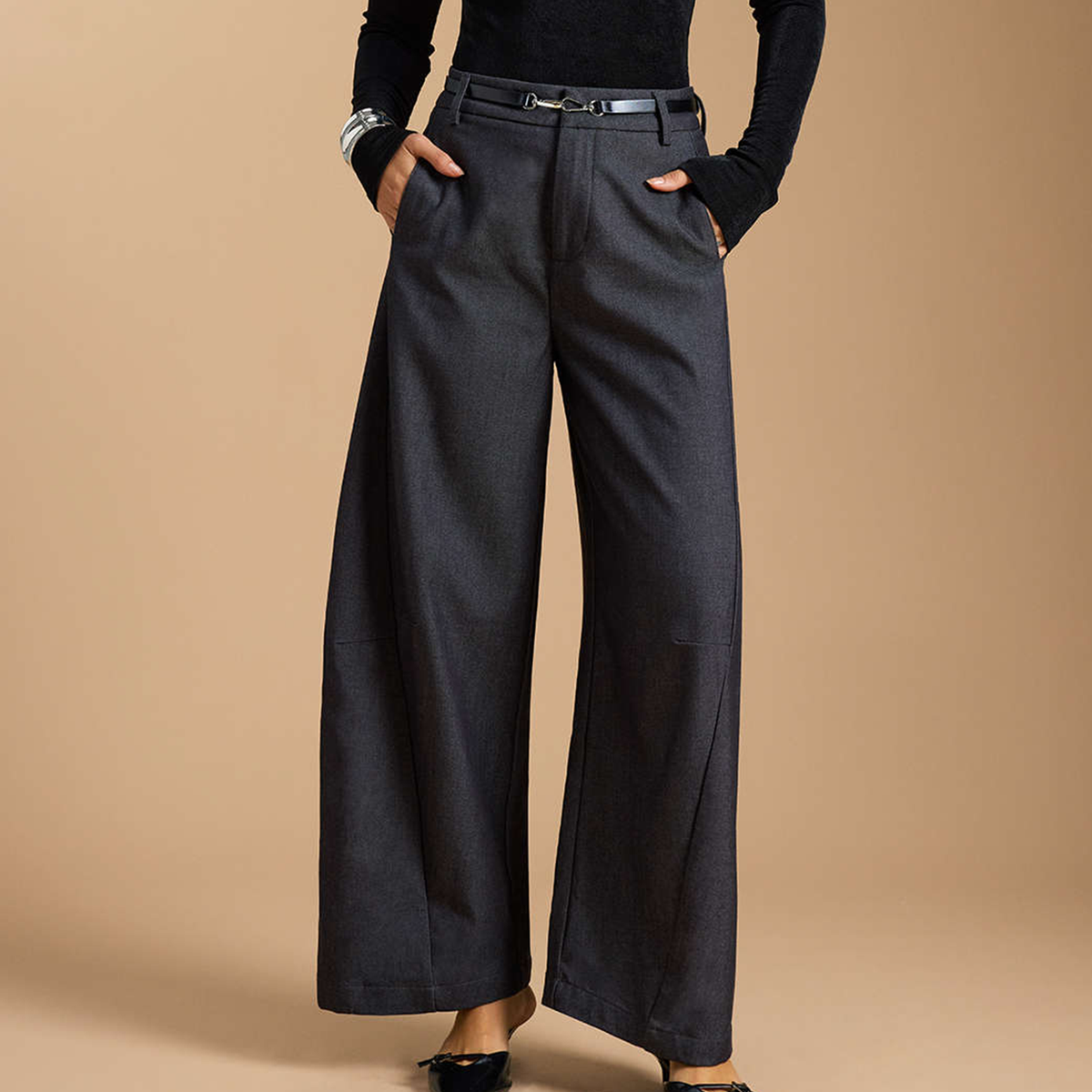 Belted Zipper Closure Wide‑Leg Trousers